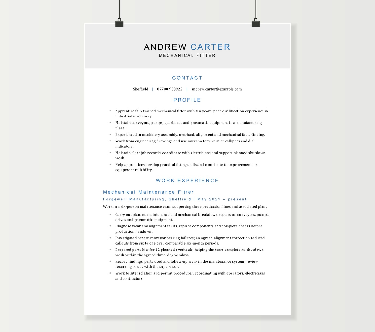Mechanical fitter CV preview showing Andrew Carter’s machinery experience and maintenance skills