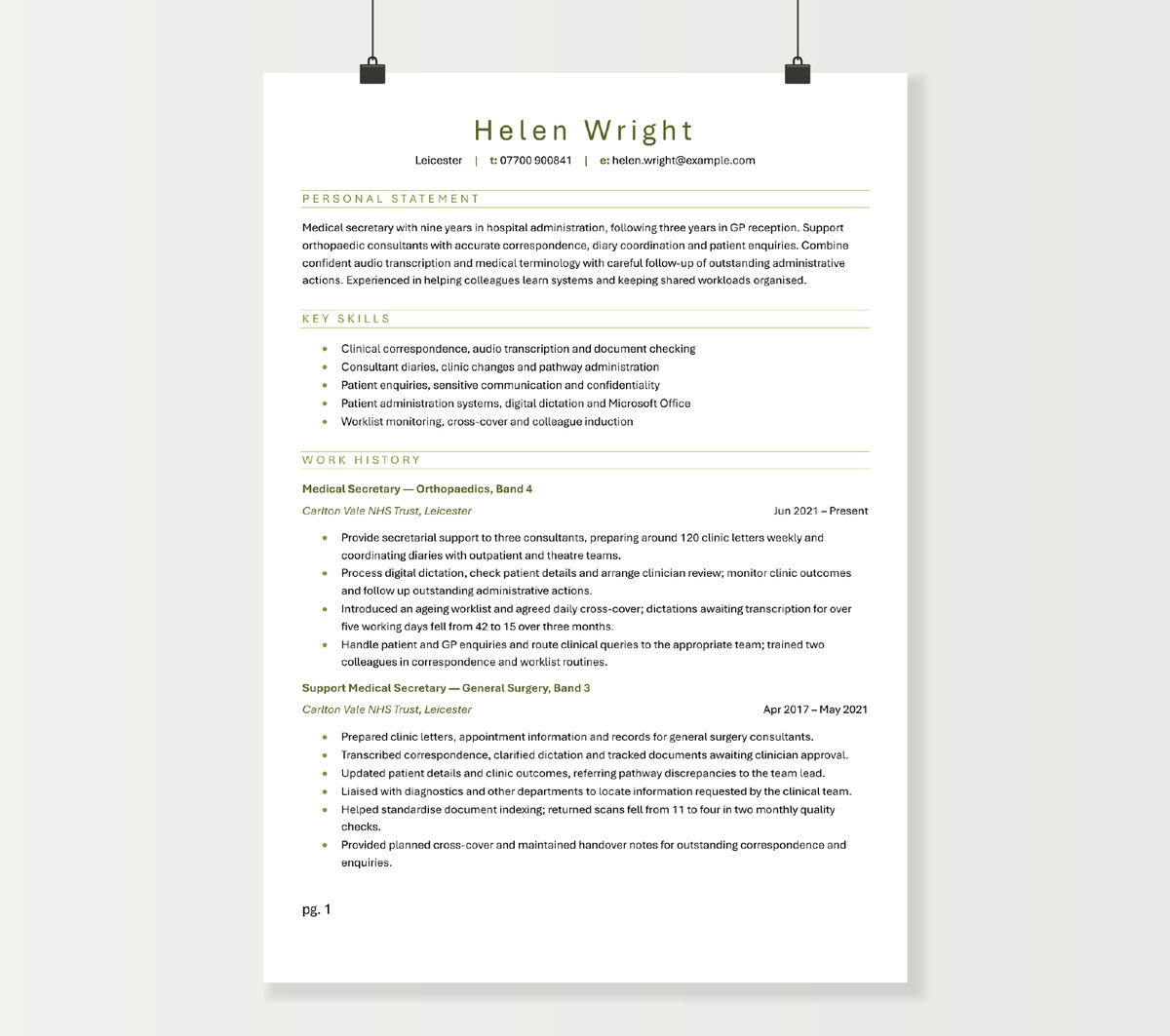 First page of Helen Wright’s medical secretary CV, showing clinical administration skills and hospital experience