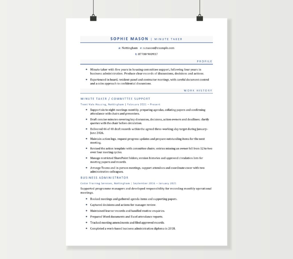 Minute taker CV preview showing Sophie Mason’s meeting and committee support experience with blue section headings