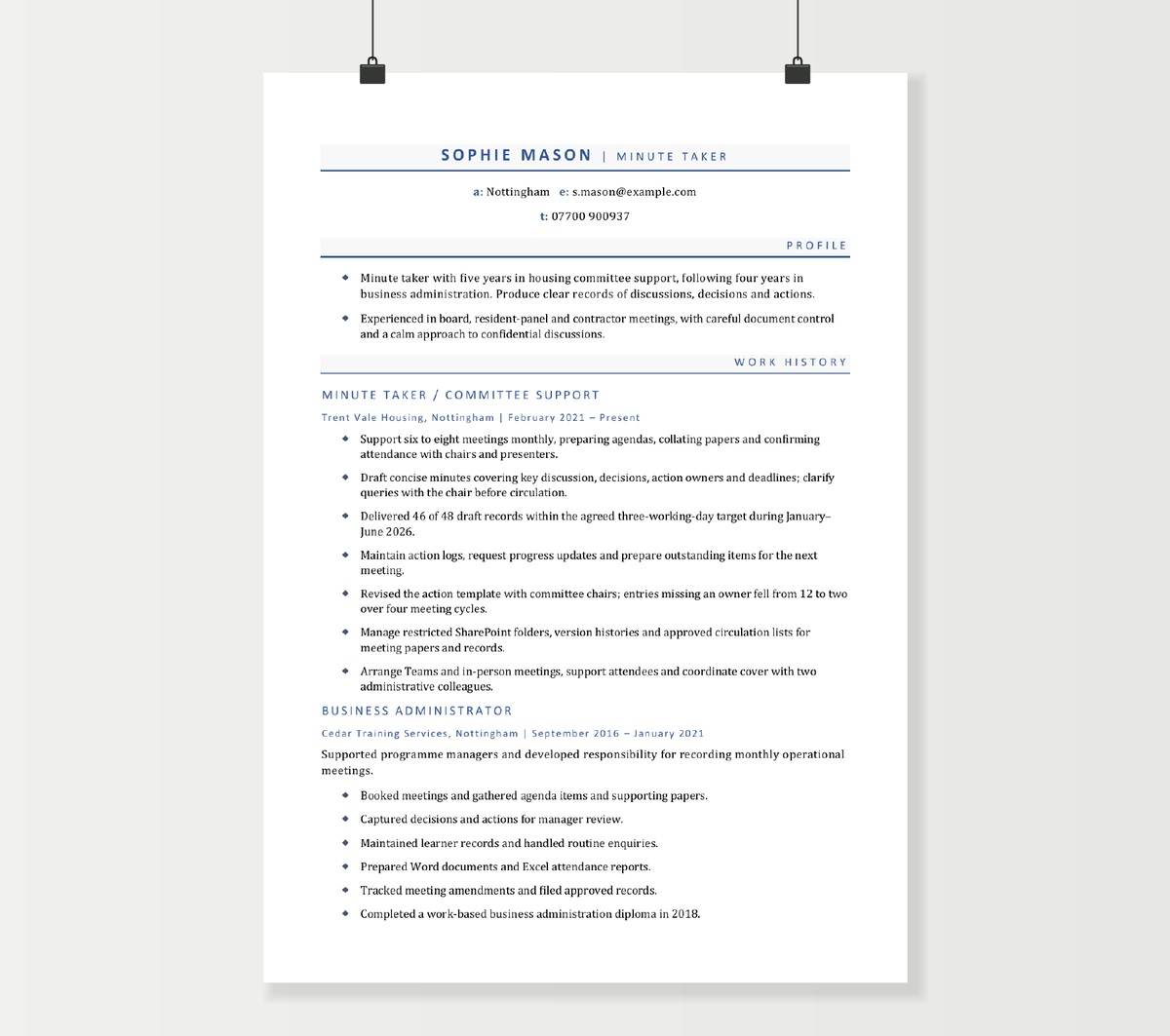 Minute taker CV preview showing Sophie Mason’s meeting and committee support experience with blue section headings