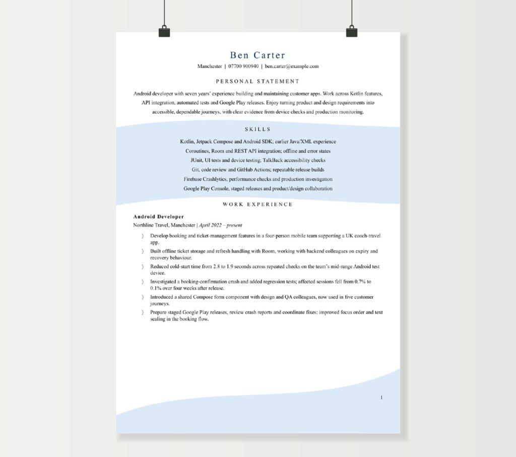 Mobile app developer CV preview showing Ben Carter’s Android experience in the blue wave Word design