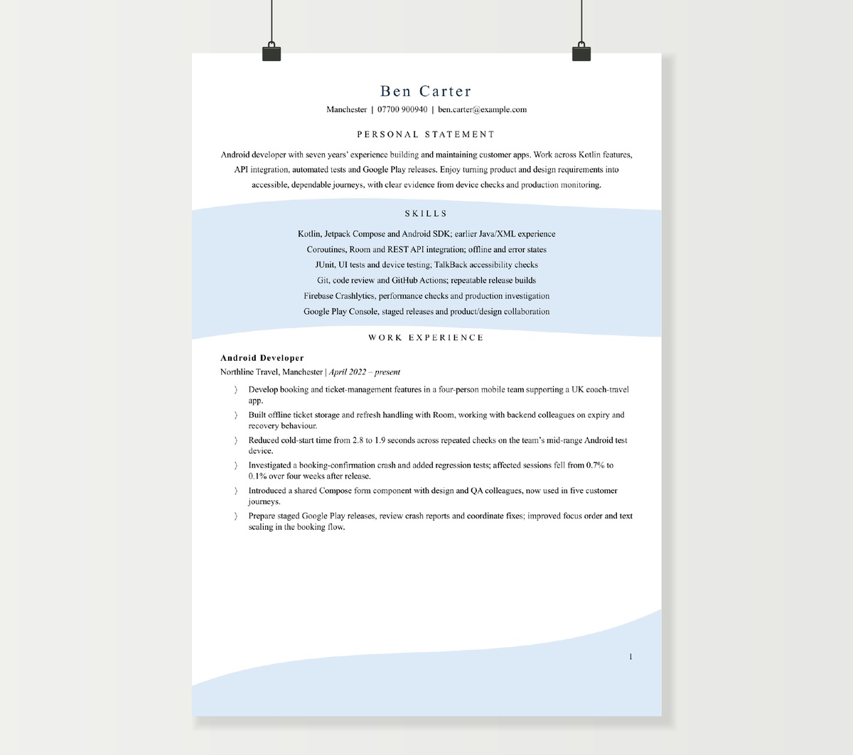Mobile app developer CV preview showing Ben Carter’s Android experience in the blue wave Word design