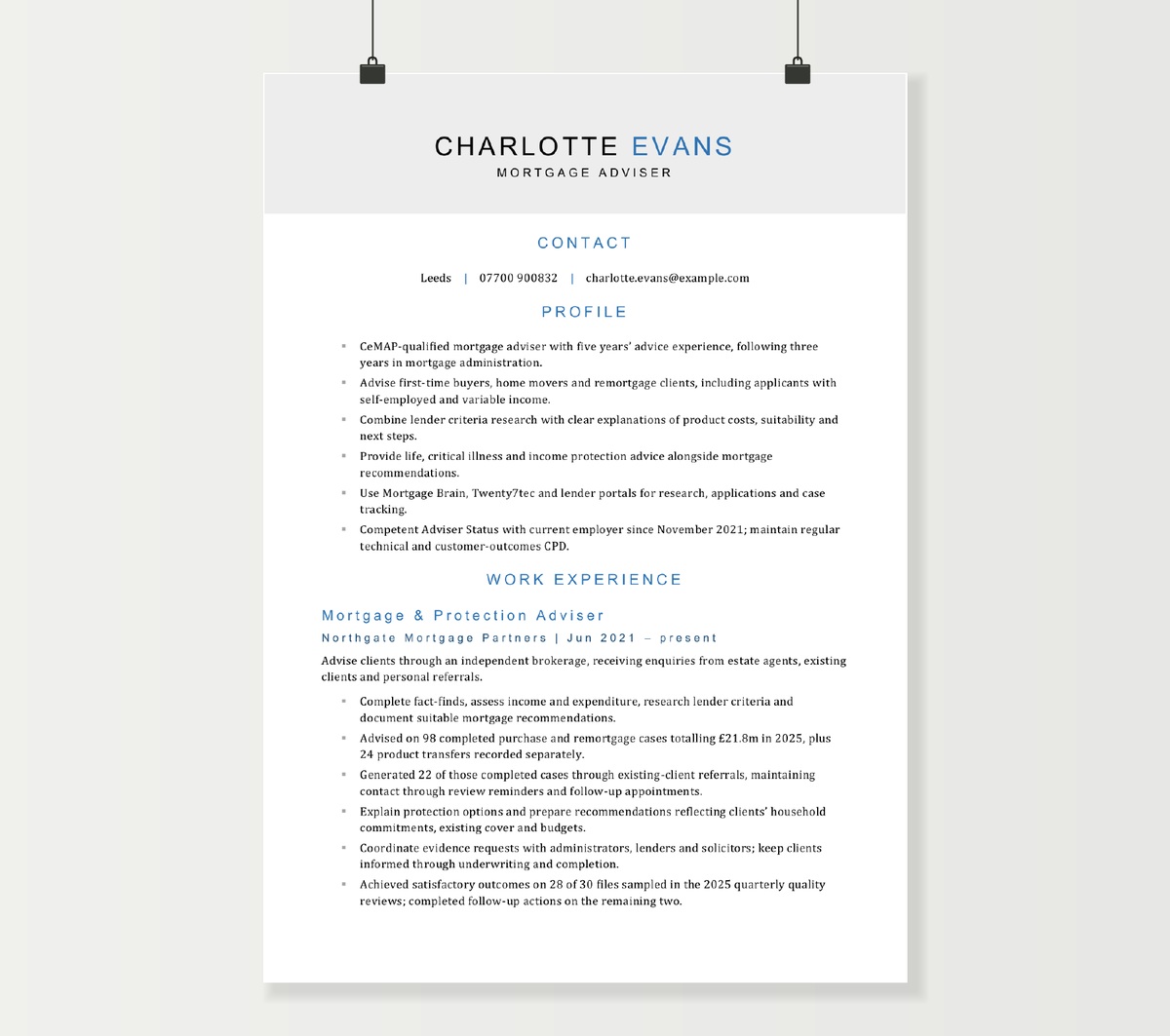 Mortgage adviser CV preview showing Charlotte Evans’s profile and mortgage advice experience