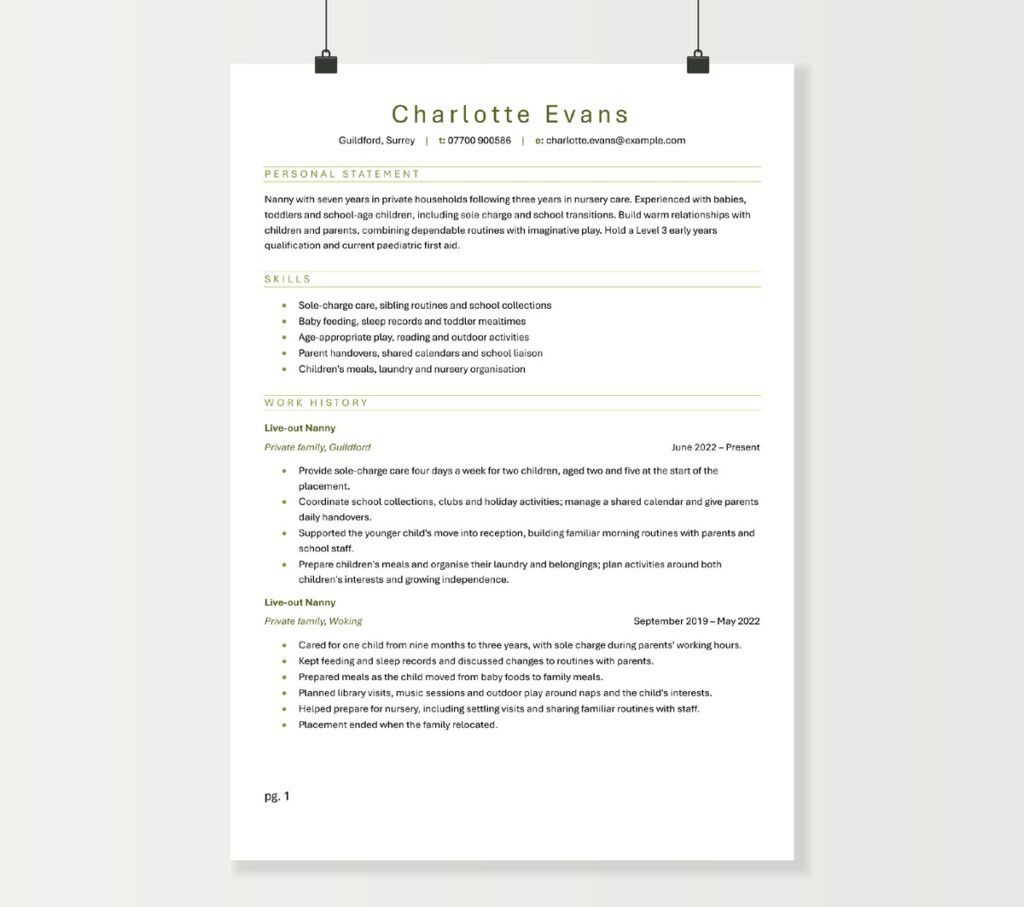 First page of Charlotte Evans’s nanny CV, showing childcare skills and two private-family placements in the green Word design