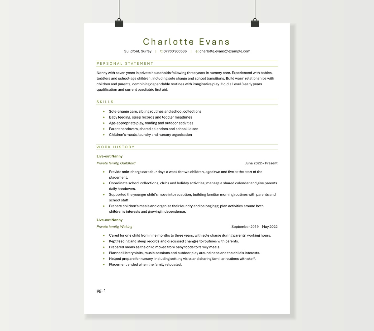 First page of Charlotte Evans’s nanny CV, showing childcare skills and two private-family placements in the green Word design