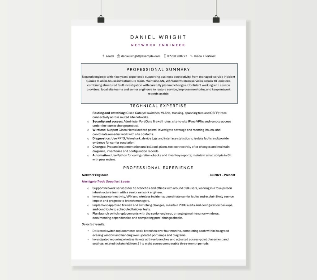 Network engineer CV preview showing Daniel Wright’s technical skills and recent network support experience
