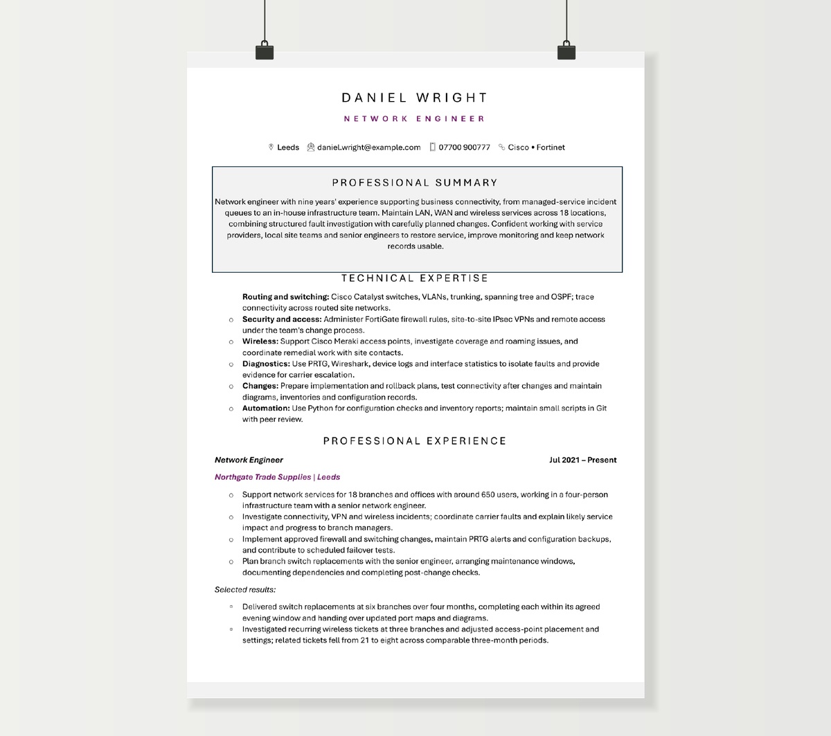 Network engineer CV preview showing Daniel Wright’s technical skills and recent network support experience