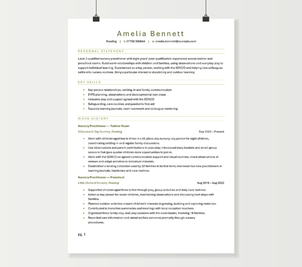 Amelia Bennett nursery practitioner CV showing early years qualifications, key-person work and nursery experience