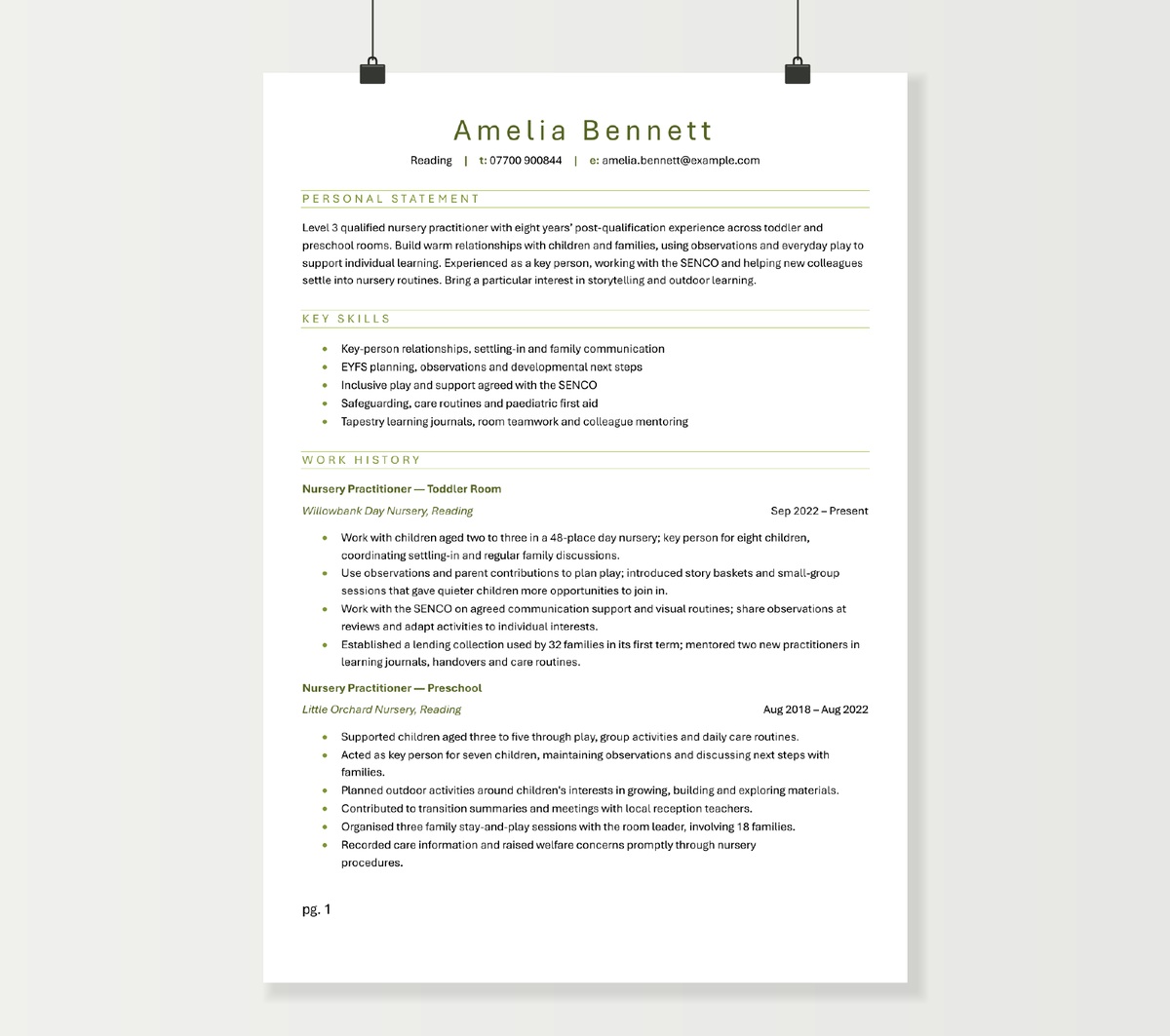 Amelia Bennett nursery practitioner CV showing early years qualifications, key-person work and nursery experience
