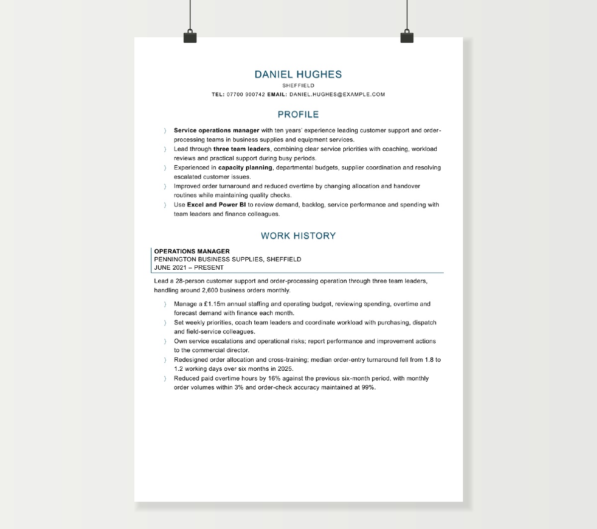 Daniel Hughes’s operations manager CV in the blue Word design, showing service leadership, budget responsibility and operational results