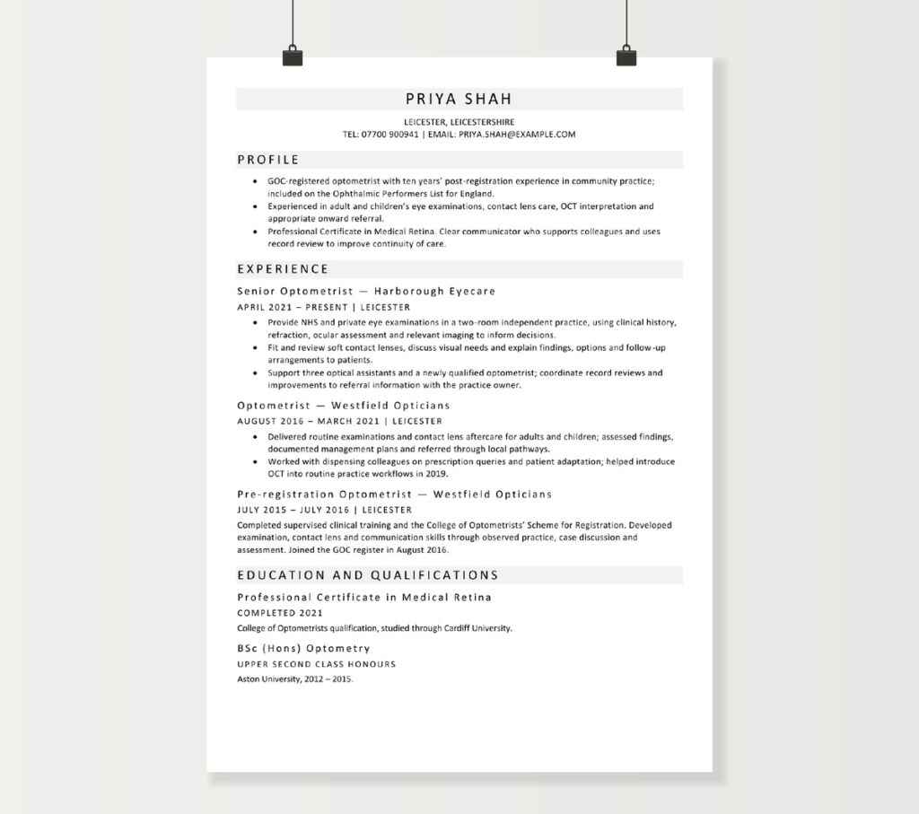 Optometrist CV preview showing Priya Shah’s clinical experience and qualifications in the grey-band Word design