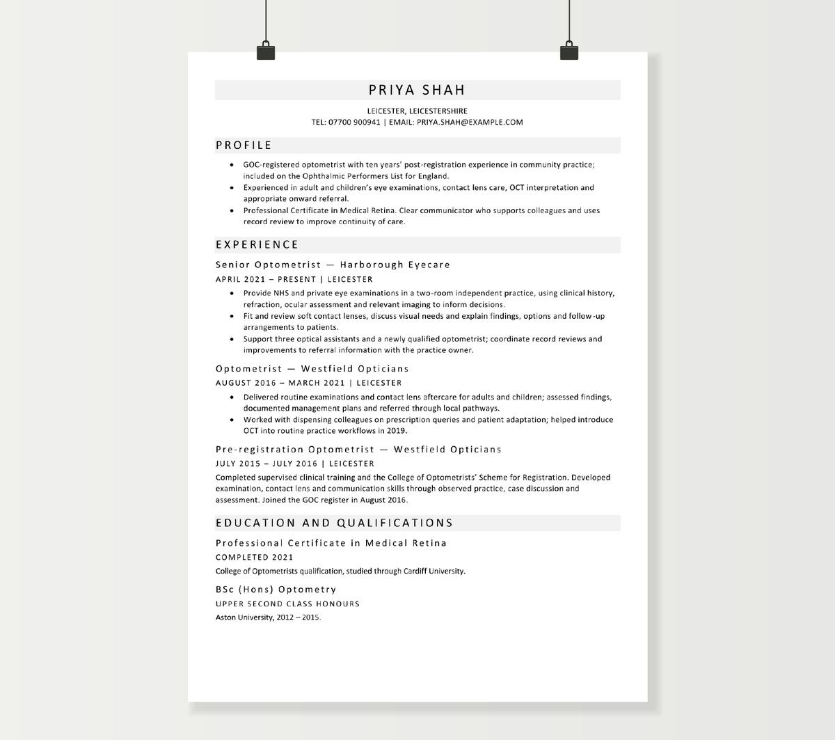 Optometrist CV preview showing Priya Shah’s clinical experience and qualifications in the grey-band Word design