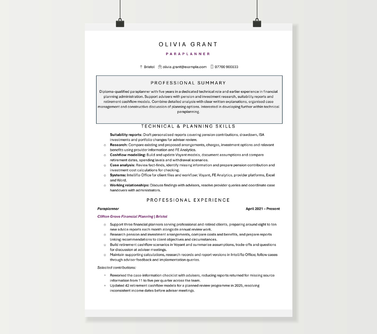 Paraplanner CV preview showing Olivia Grant’s profile, technical skills and financial planning experience