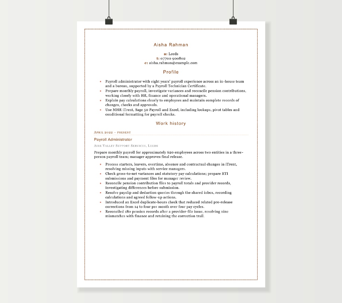 Payroll administrator CV showing Aisha Rahman’s payroll experience in the brown and orange Word template