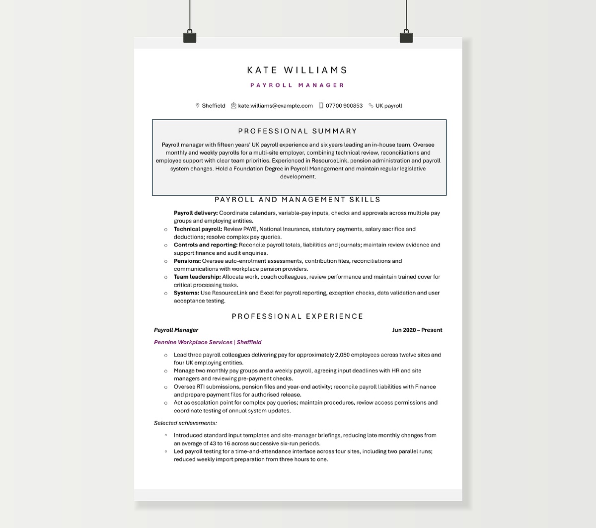 Payroll manager CV preview showing Kate Williams’s payroll leadership experience and qualifications