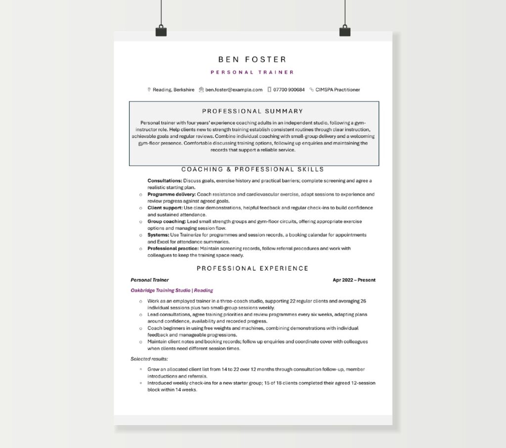 Ben Foster’s personal trainer CV with purple accents, showing coaching skills, studio experience and client results