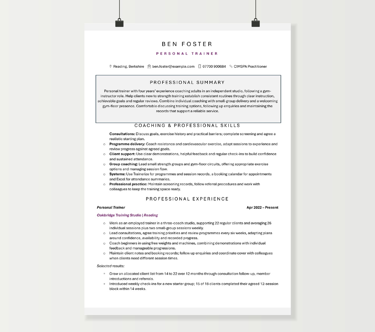 Ben Foster’s personal trainer CV with purple accents, showing coaching skills, studio experience and client results