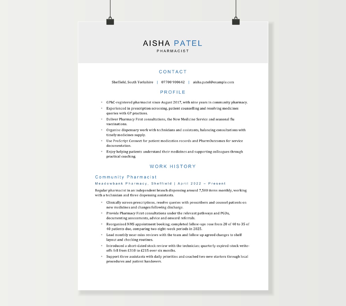 First page of Aisha Patel’s pharmacist CV, showing her registration, community pharmacy skills and recent experience