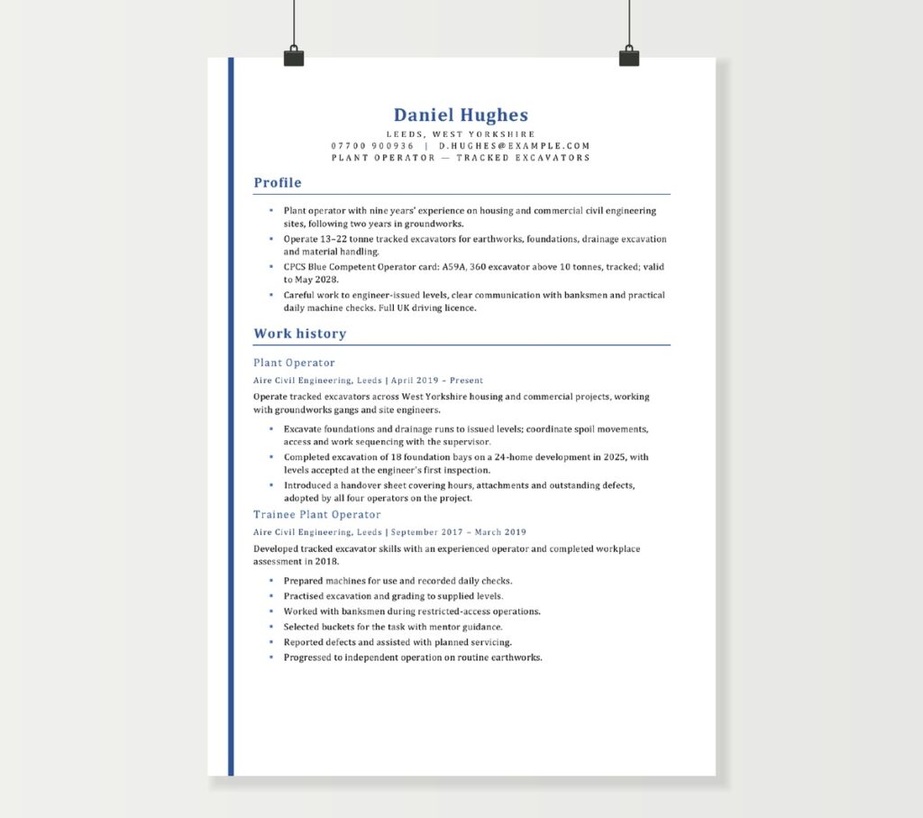 Plant operator CV preview showing Daniel Hughes’s tracked excavator experience in the blue-accent Word design