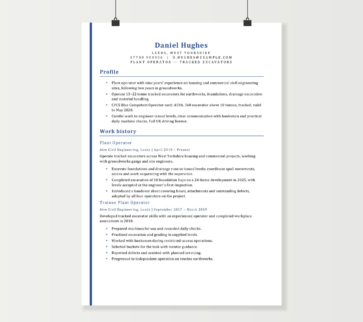 Plant operator CV preview showing Daniel Hughes’s tracked excavator experience in the blue-accent Word design