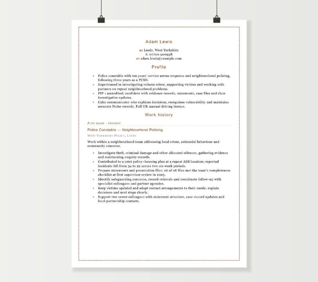 Police officer CV preview showing Adam Lewis’s neighbourhood policing experience in the brown-accent Word template