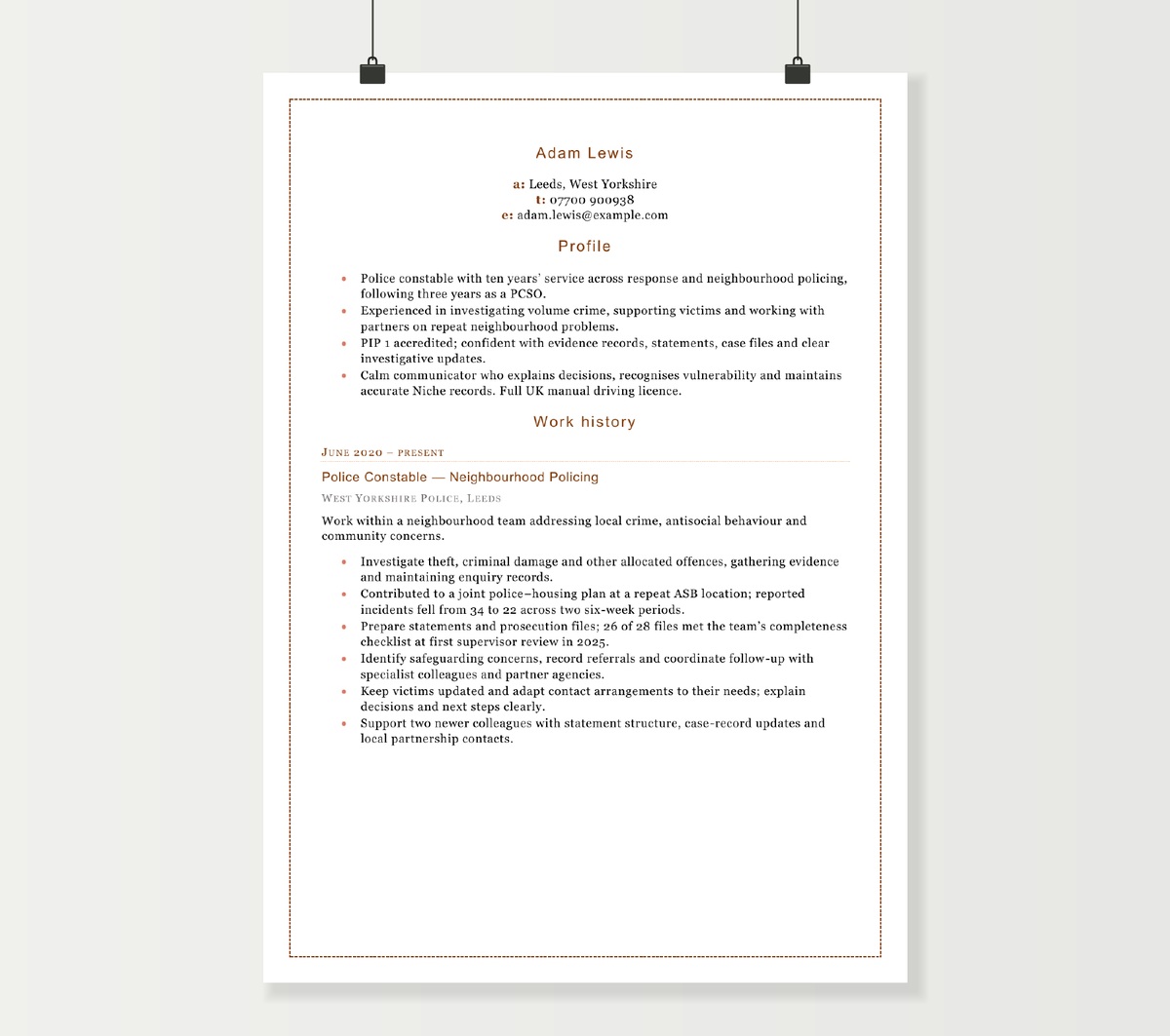 Police officer CV preview showing Adam Lewis’s neighbourhood policing experience in the brown-accent Word template