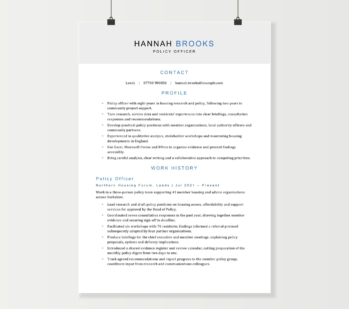 Policy officer CV preview showing Hannah Brooks’s policy research, consultation and stakeholder experience