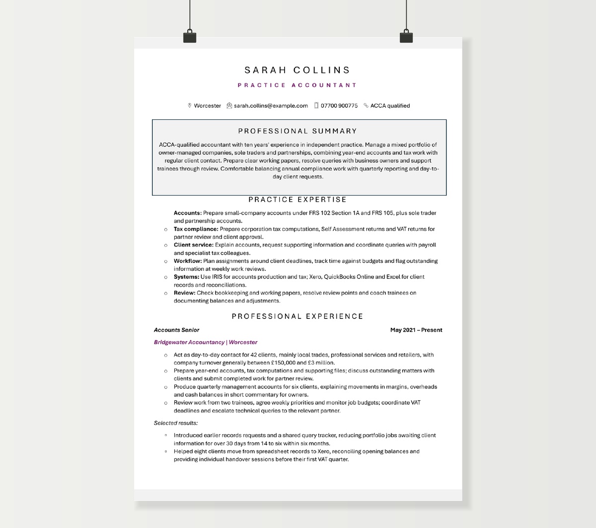 Practice accountant CV preview showing Sarah Collins’s accounts, tax and client portfolio experience