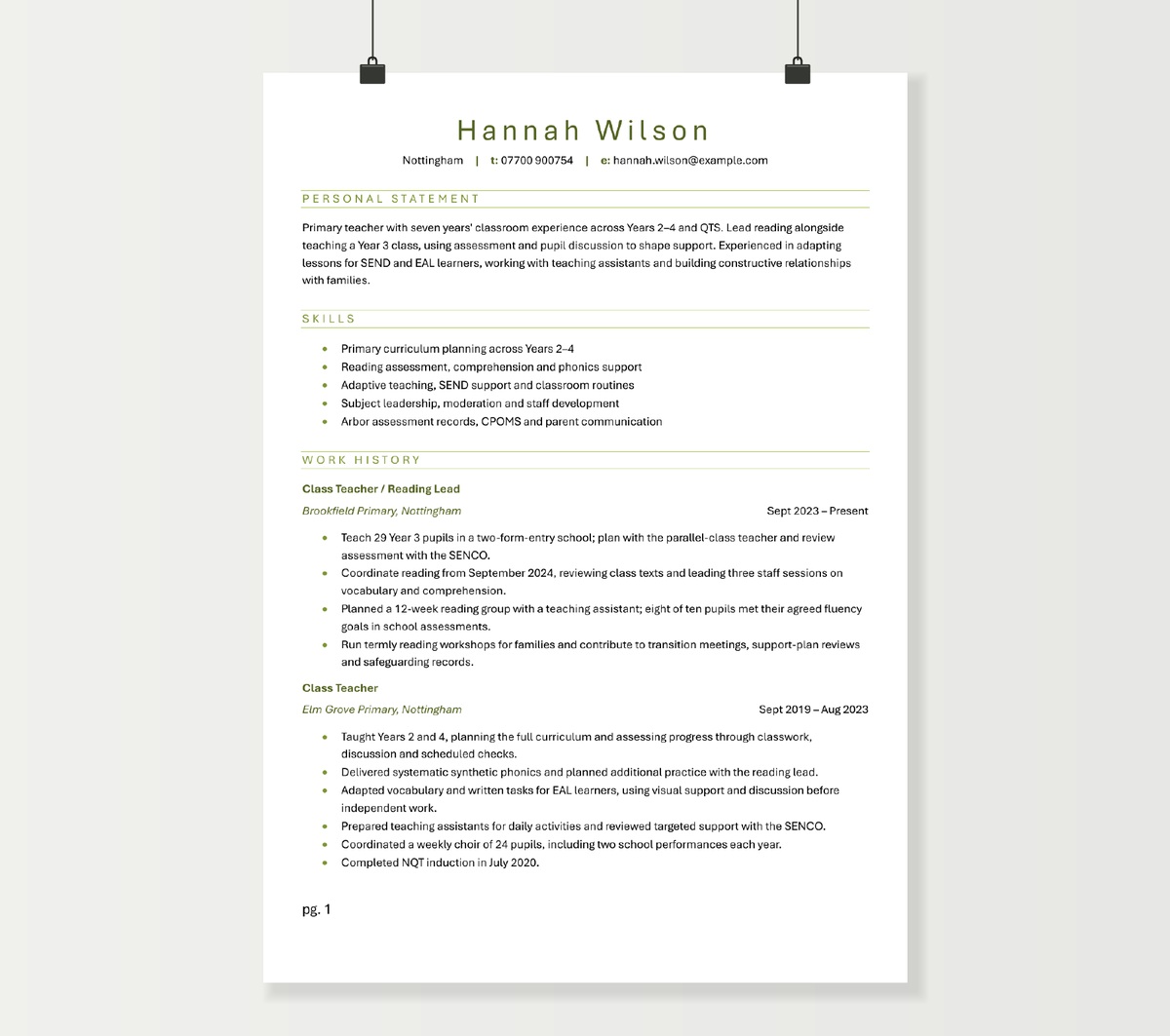 Primary school teacher CV showing Hannah Wilson’s classroom experience and reading leadership in the green Word design