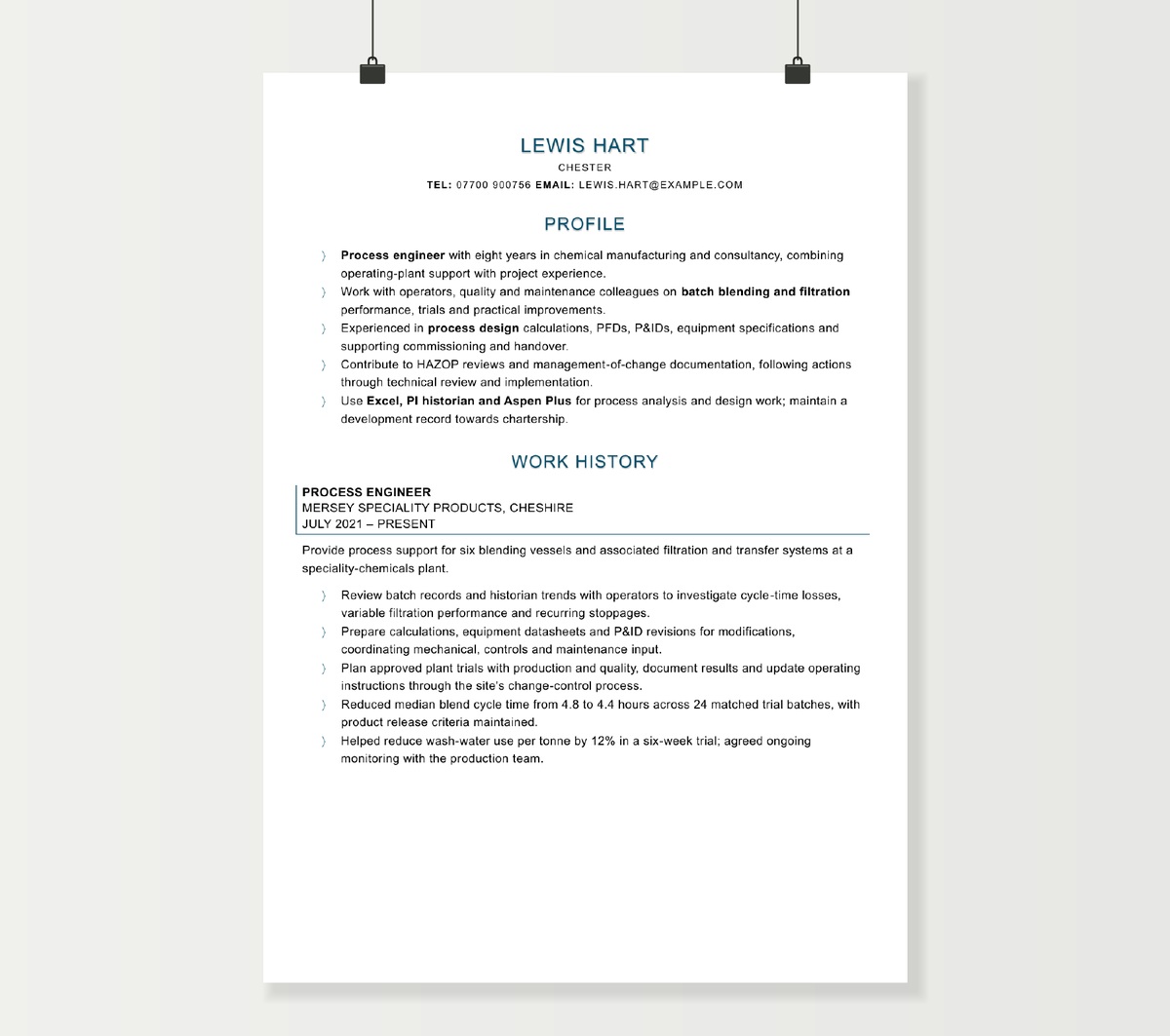 First page of Lewis Hart’s process engineer CV, showing plant improvement experience in the blue chevron design.