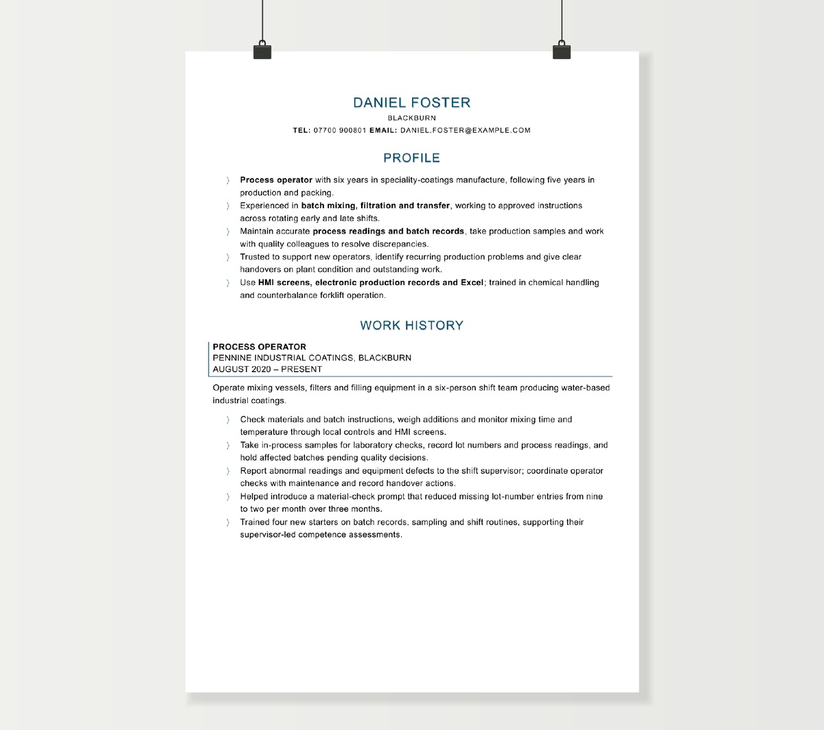 Process operator CV showing Daniel Foster’s batch manufacturing experience in the blue Word template