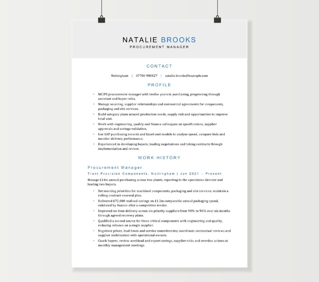 Procurement manager CV preview showing Natalie Brooks’s profile and purchasing experience