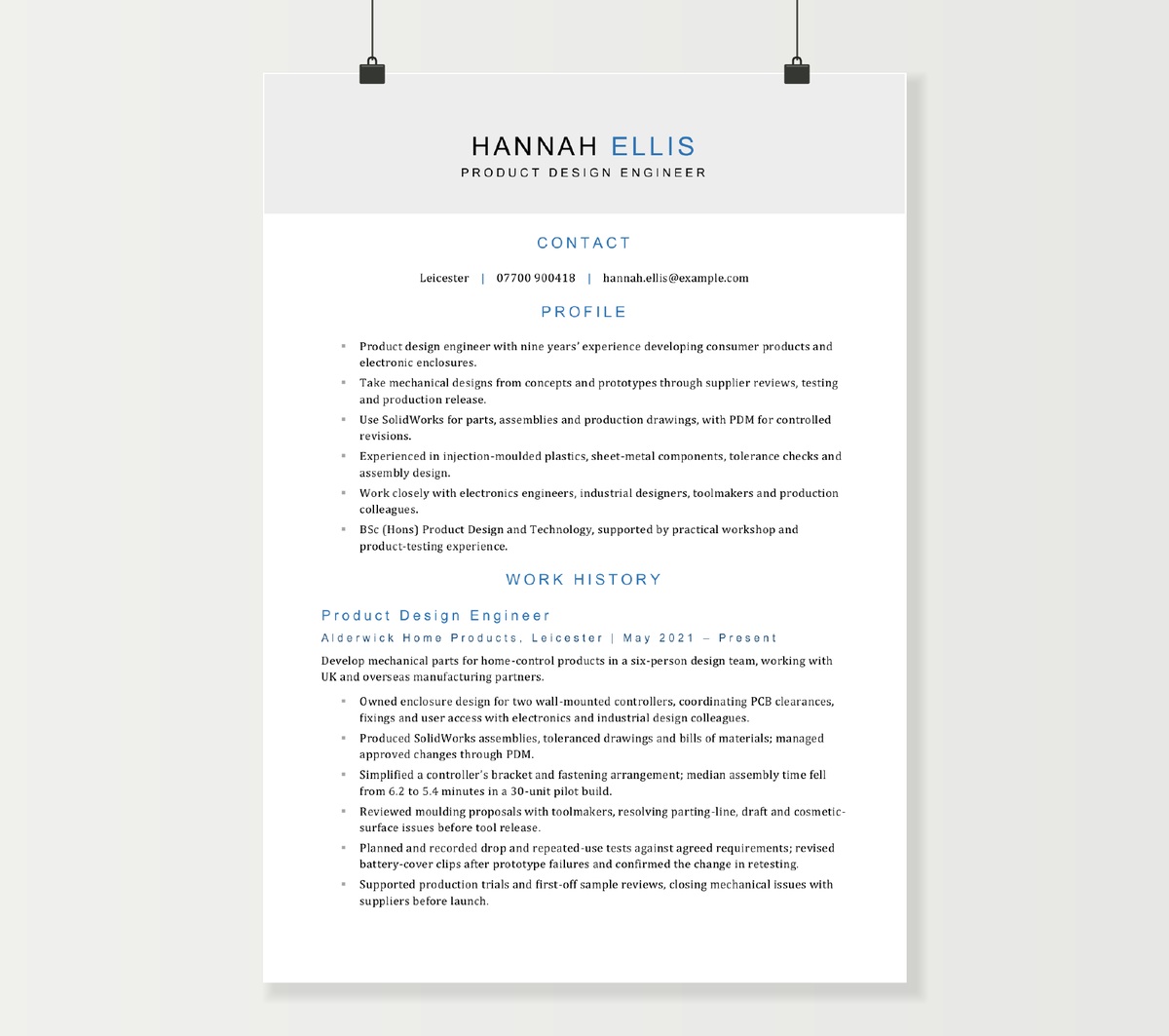 First page of Hannah Ellis’s product design engineer CV, with a grey name banner, blue headings and engineering experience