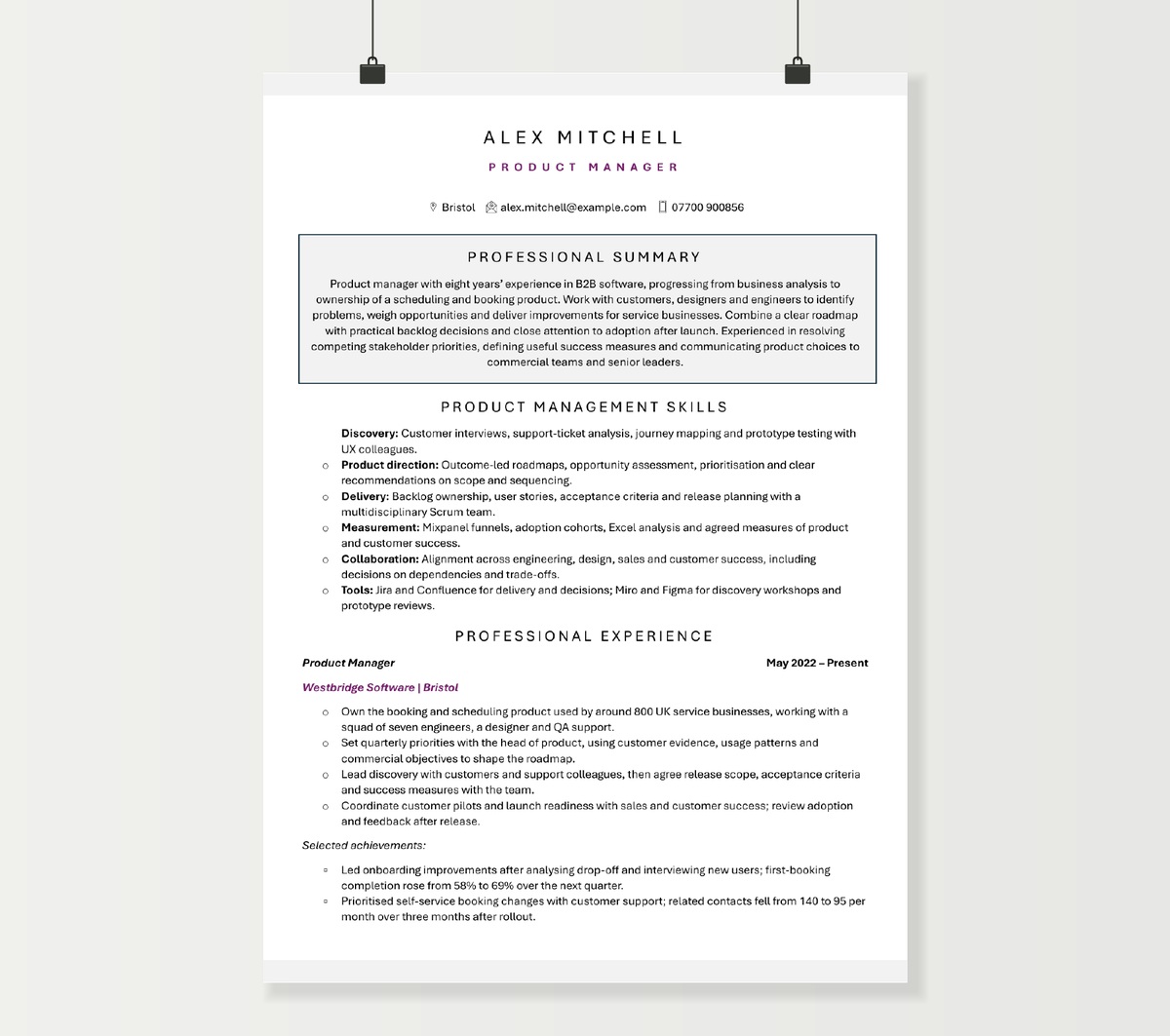 First page of Alex Mitchell’s product manager CV, showing the profile, product skills and recent experience