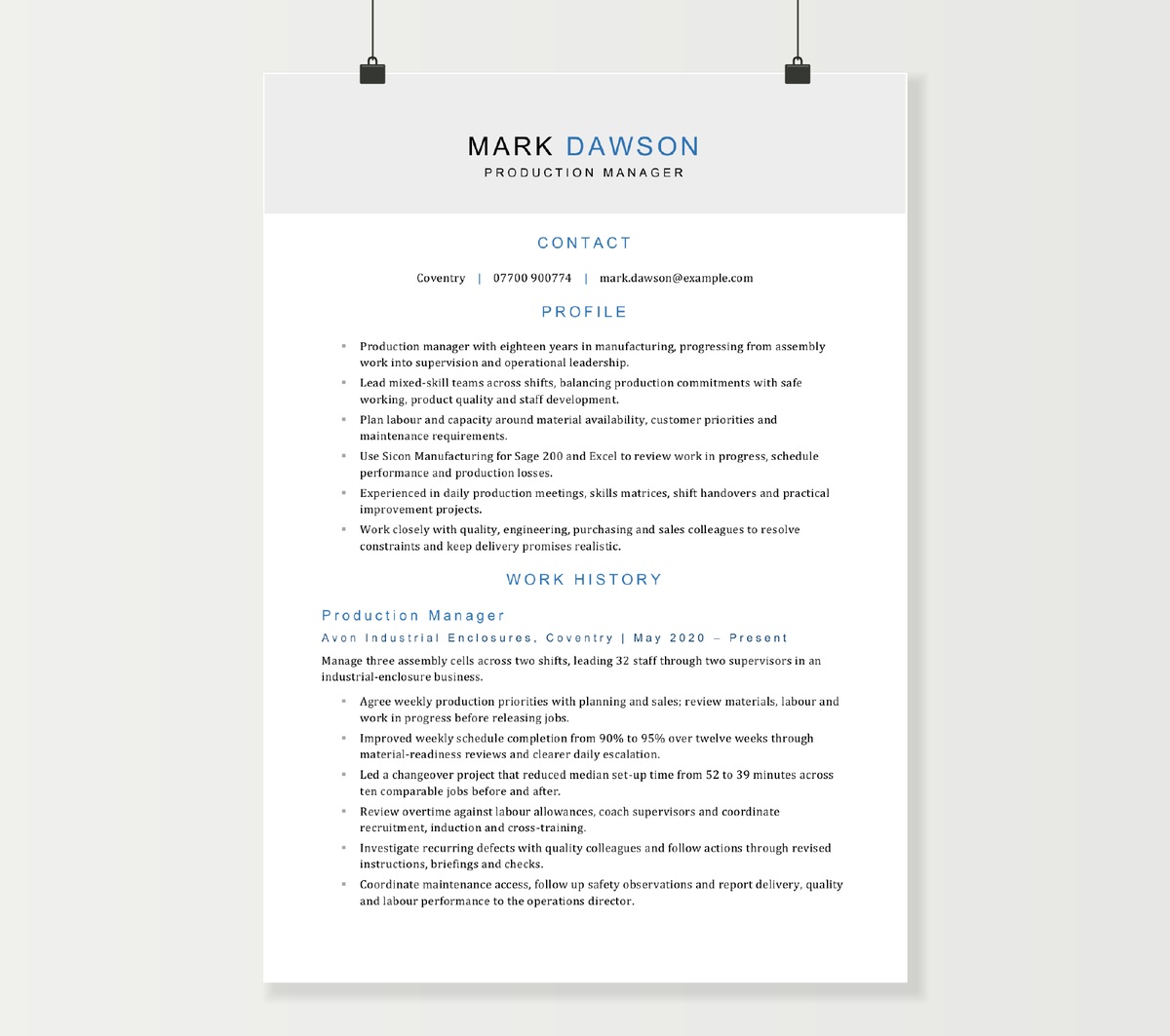 First page of Mark Dawson’s production manager CV, showing his profile and manufacturing leadership experience.