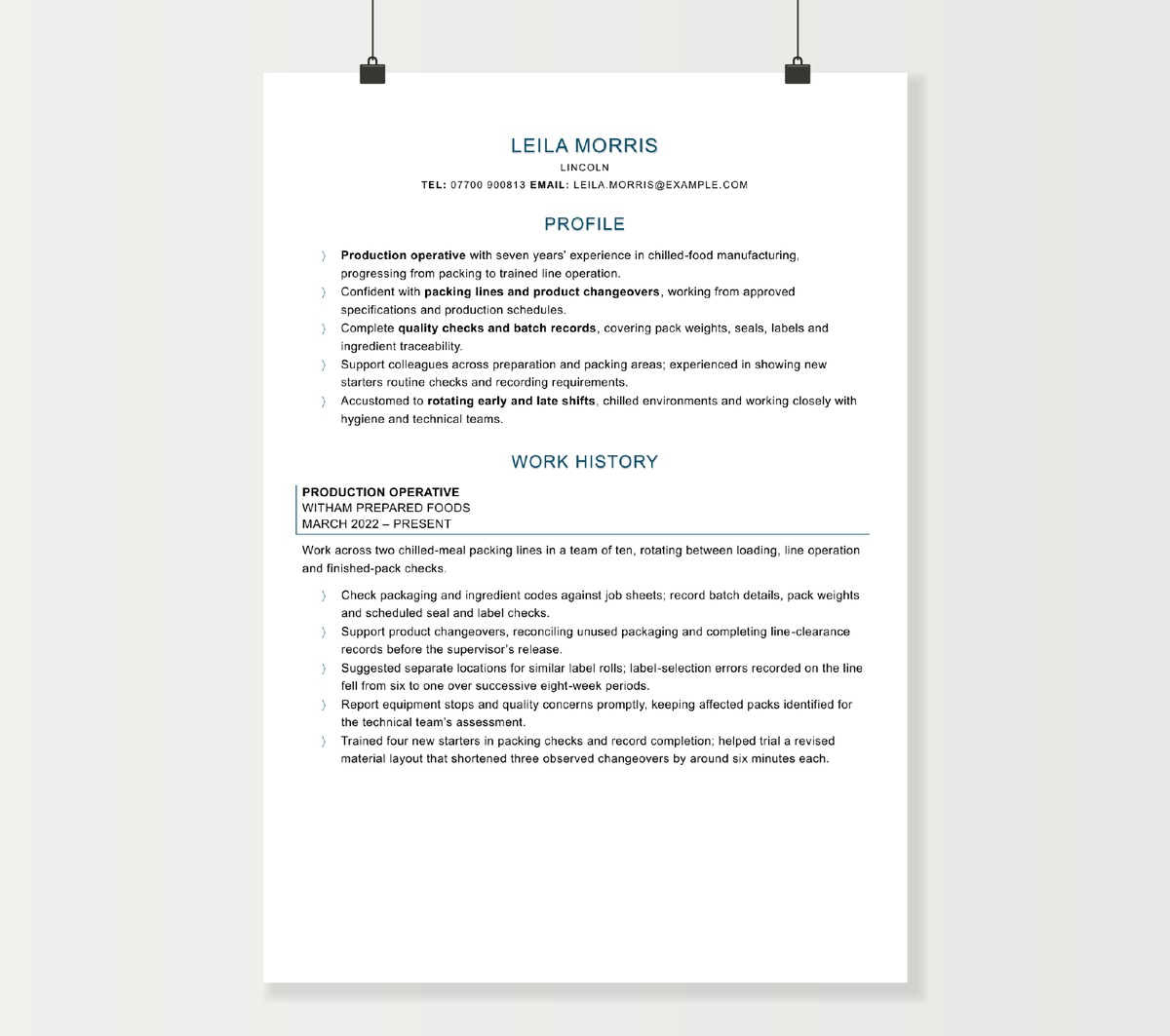 First page of Leila Morris’s production operative CV, showing food-production experience and packing-line responsibilities.