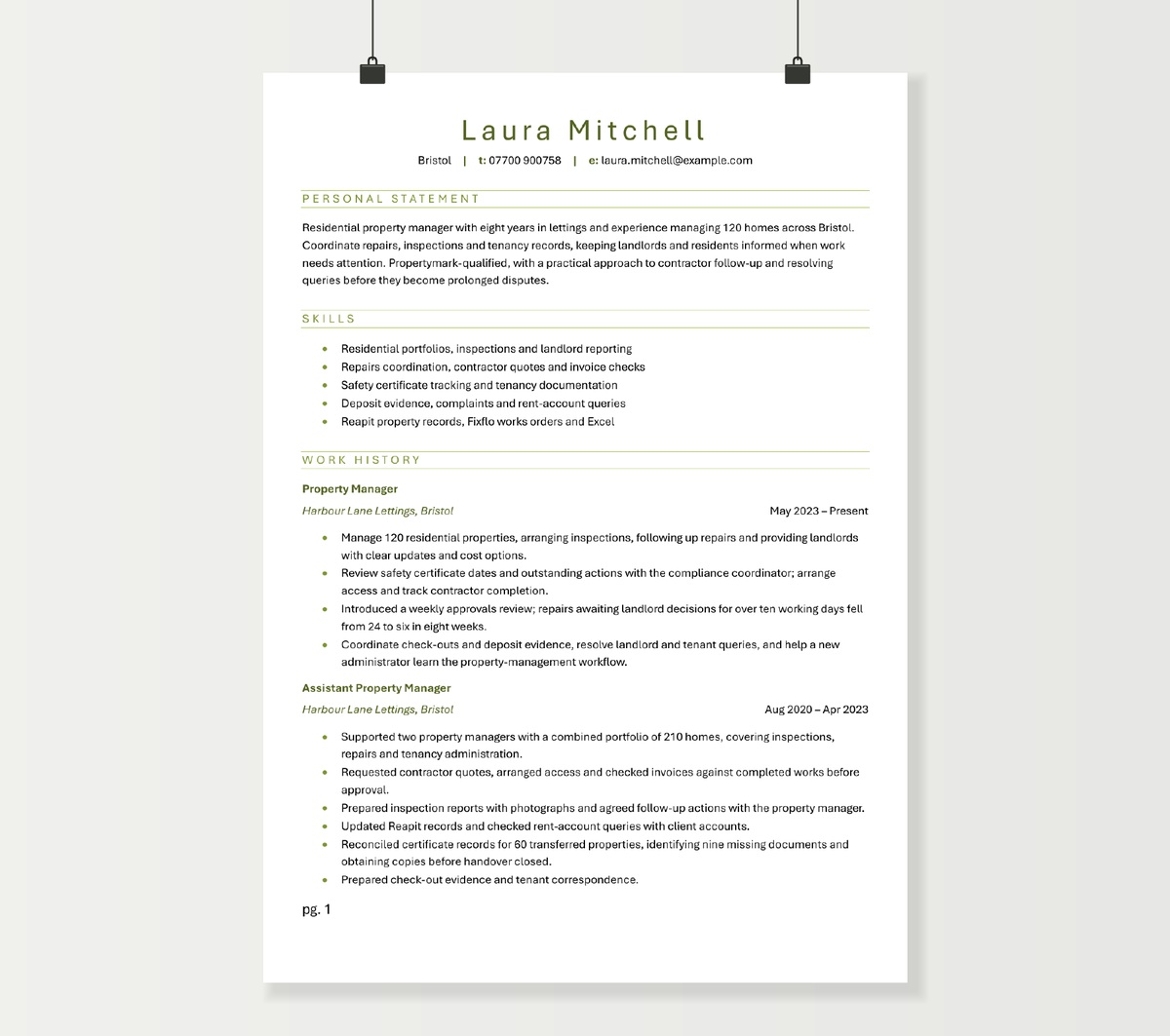 Property manager CV example showing Laura Mitchell’s residential lettings experience in a green two-page Word design