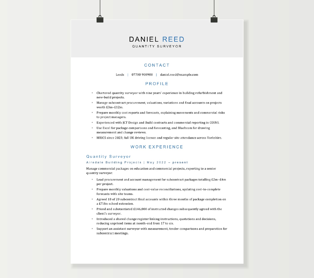 First page of the quantity surveyor CV, showing Daniel Reed’s profile and contractor-side commercial experience