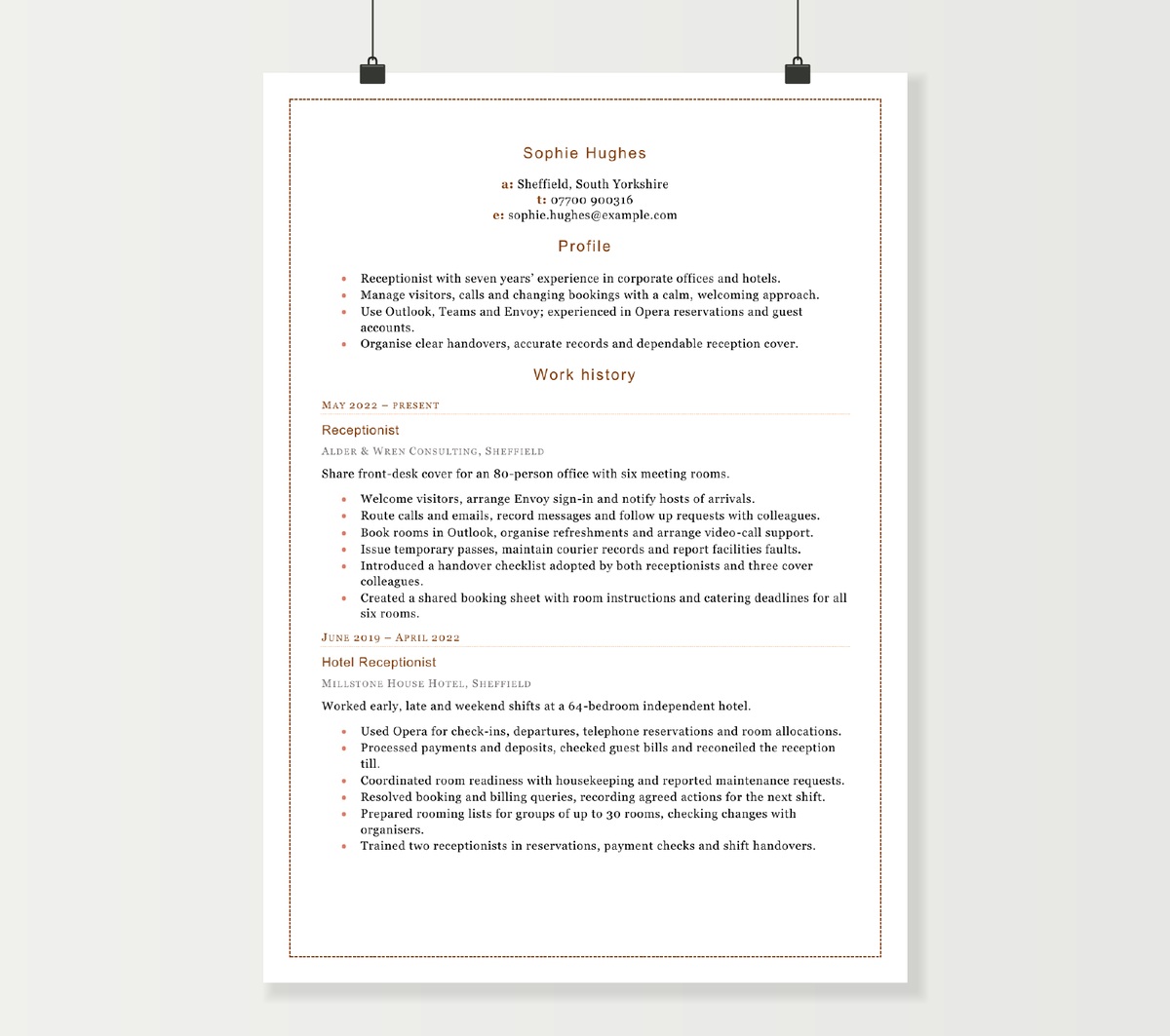 Receptionist CV showing Sophie Hughes’s office and hotel front-desk experience