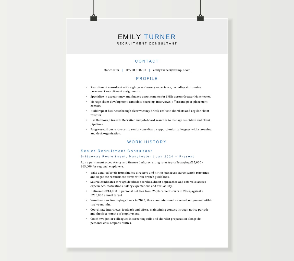 Emily Turner’s recruitment consultant CV, showing her accountancy recruitment specialism, placements and personal fee results