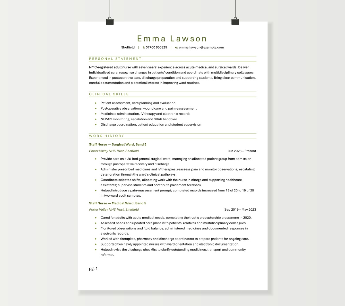 First page of Emma Lawson’s registered nurse CV, showing clinical experience and nursing skills in the green FreeCVDownload design