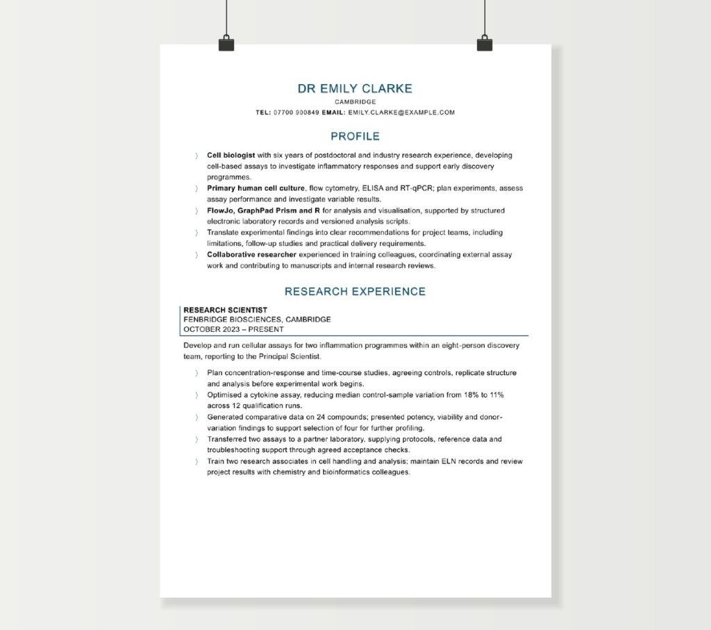Research scientist CV preview showing Emily Clarke’s profile and laboratory research experience