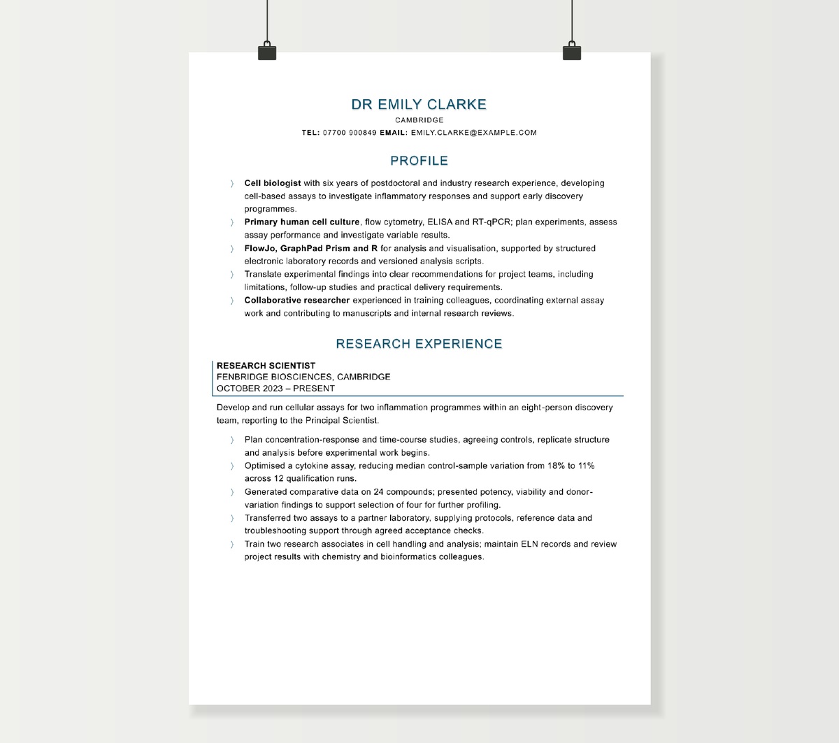 Research scientist CV preview showing Emily Clarke’s profile and laboratory research experience