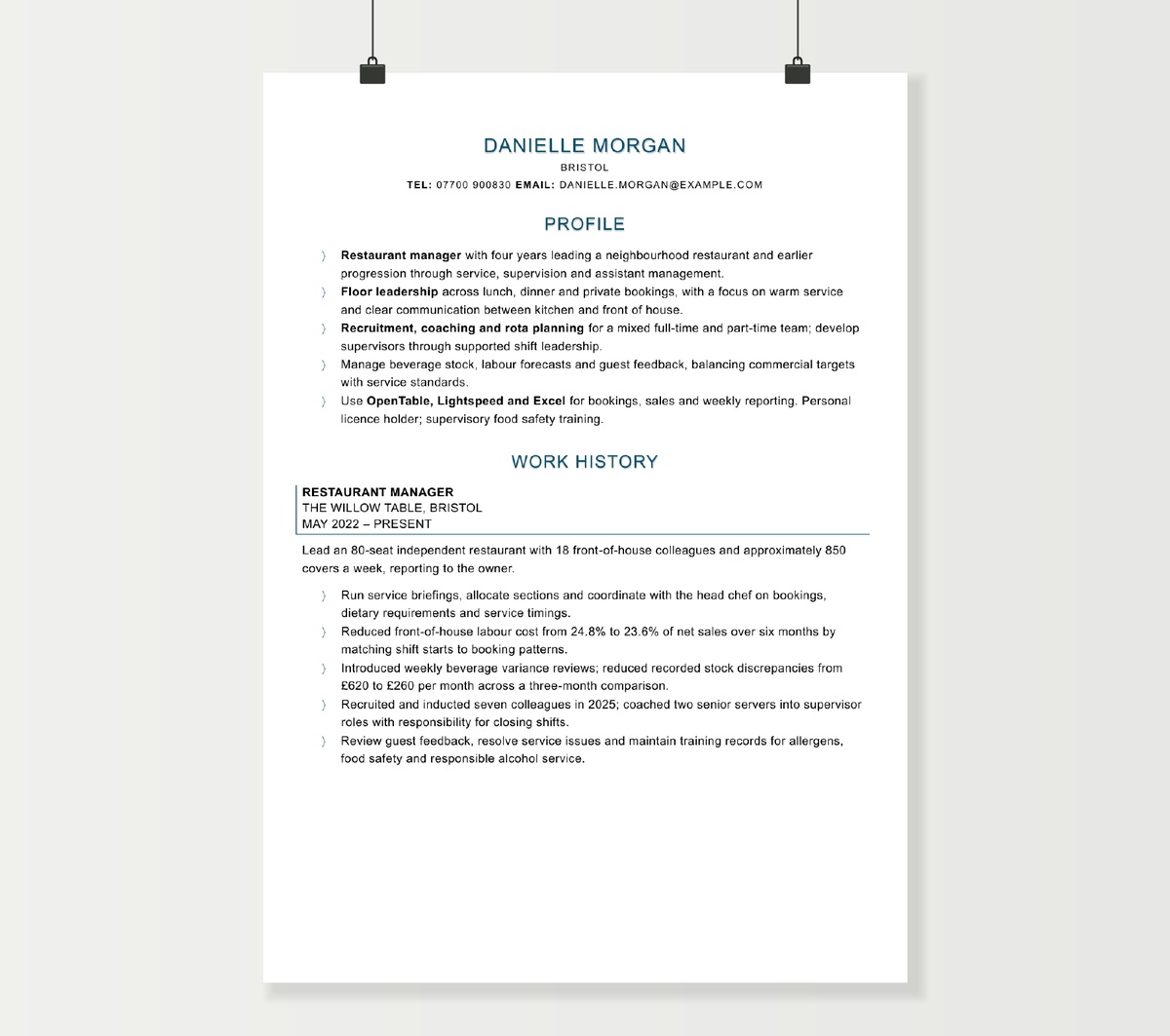 Restaurant manager CV preview showing Danielle Morgan’s experience and service leadership