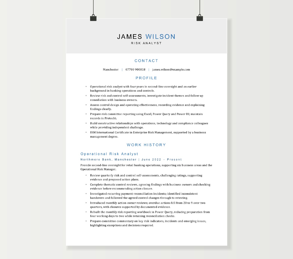 Risk analyst CV preview showing James Wilson’s operational risk experience in the finished Word template