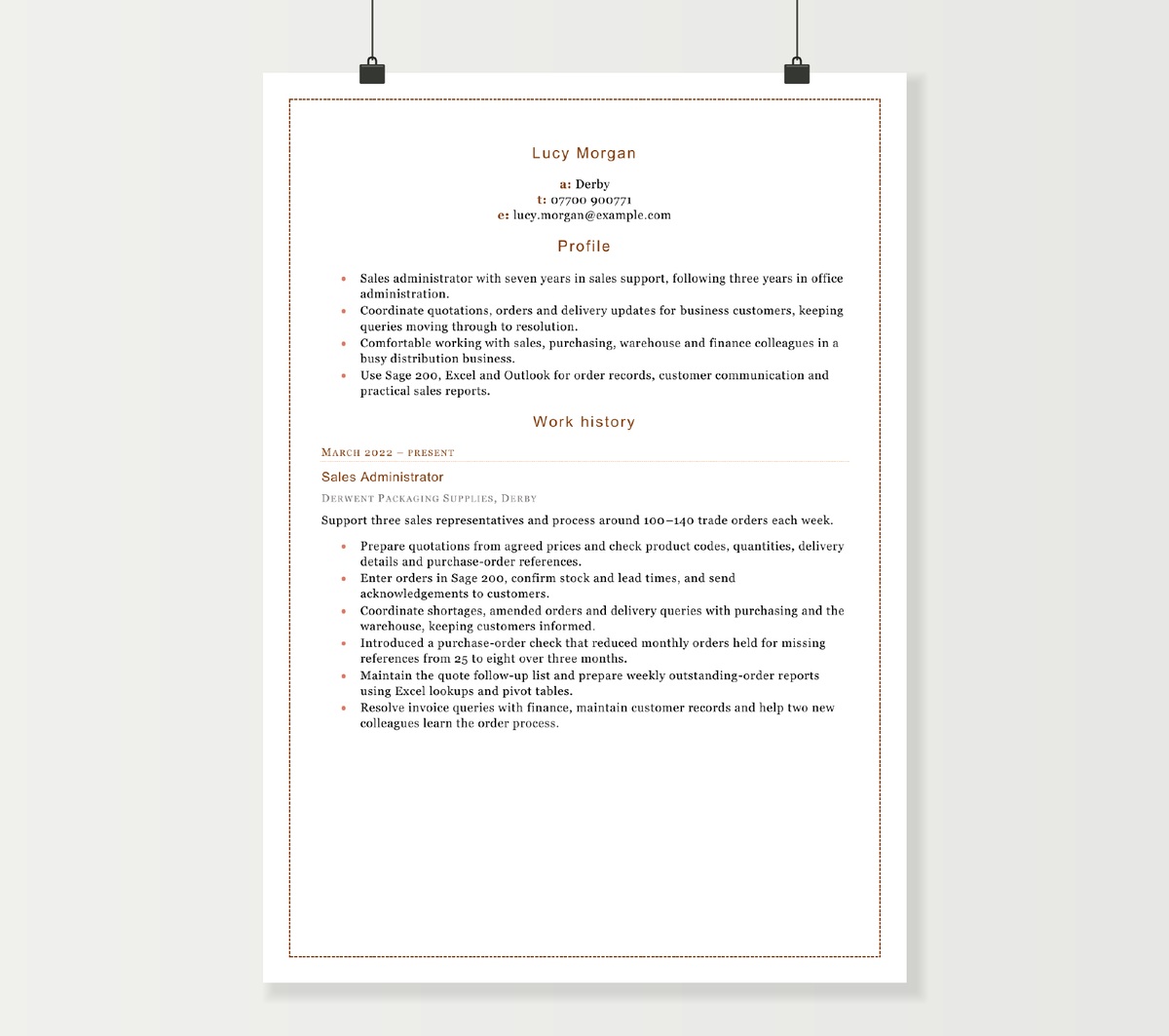 First page of Lucy Morgan’s sales administrator CV, showing her profile, order-processing experience and customer support achievements.