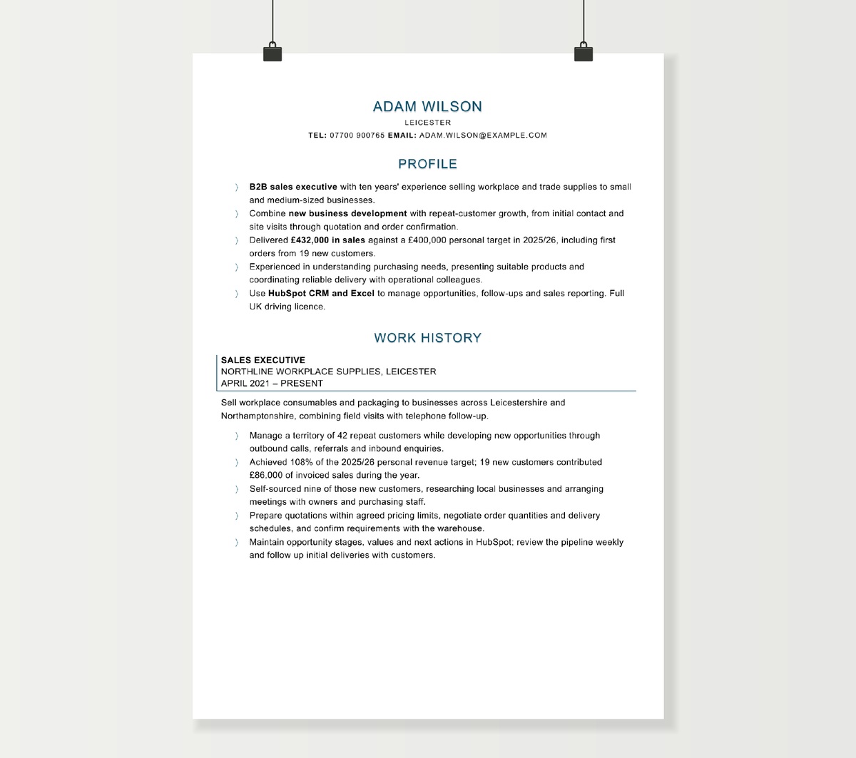 Sales executive CV preview showing Adam Wilson’s B2B sales experience and target results in the blue chevron Word design