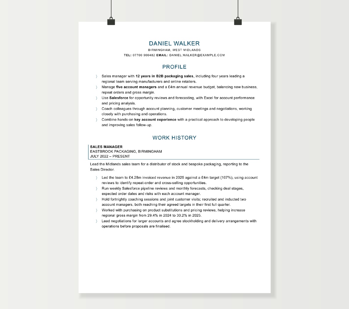 First page of Daniel Walker’s sales manager CV, showing his profile and regional sales leadership experience