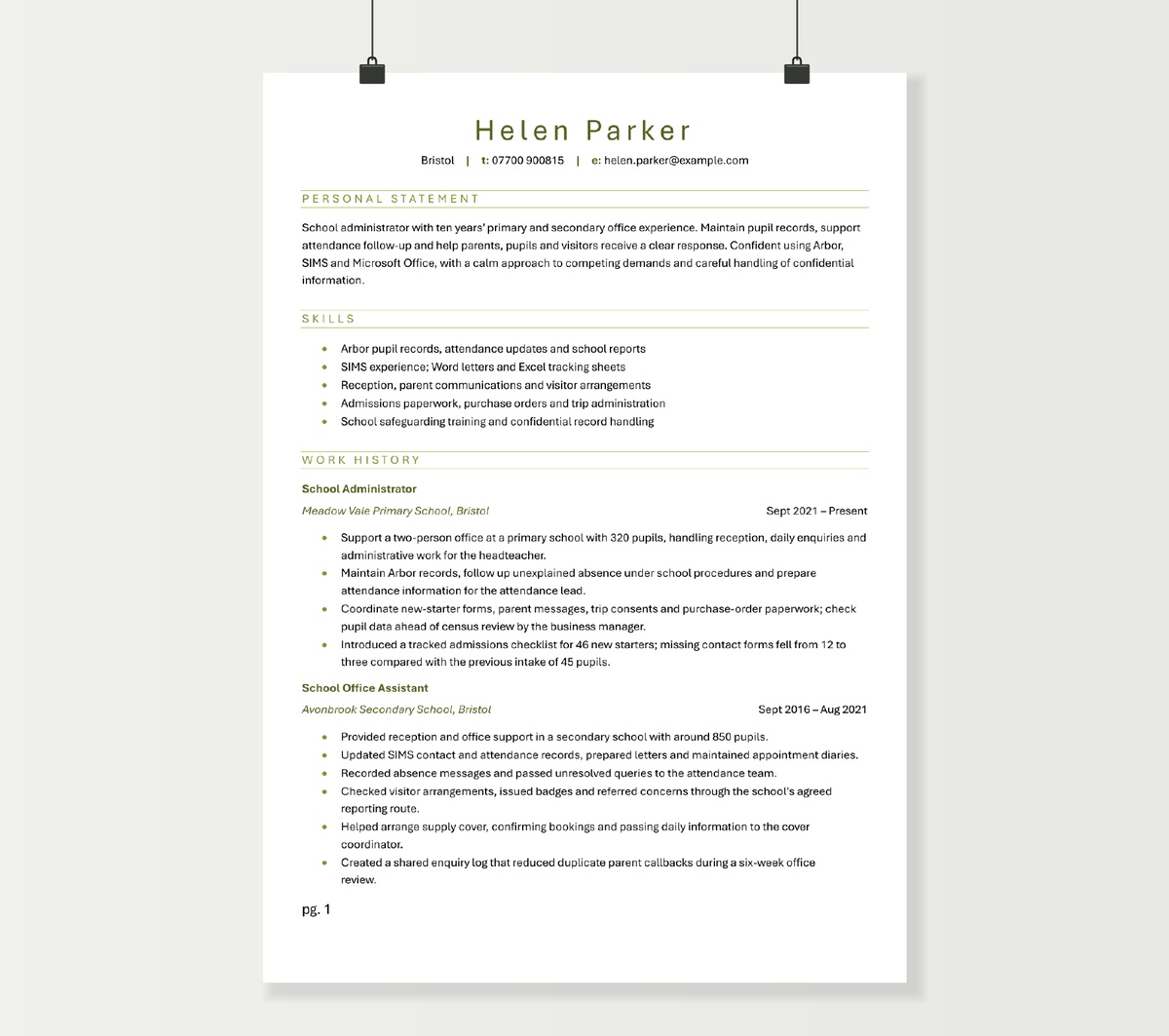 School administrator CV preview showing Helen Parker’s school-office experience and skills