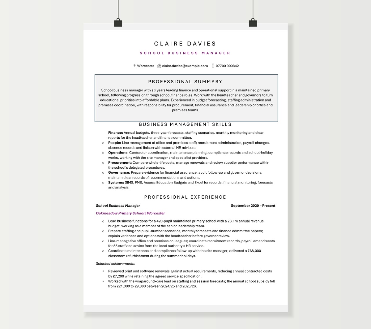 Claire Davies school business manager CV showing budget, operations and school leadership experience